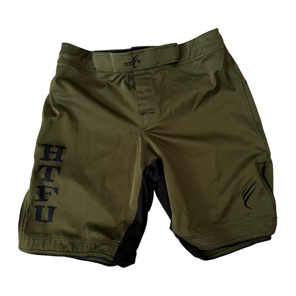 HTFU MMA Fight Shorts Men 36 Olive Green Army Fight Gear Flag Logo Grappling
